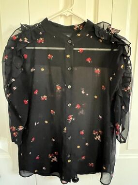 Who What Wear Black Sheer Floral Ruffle Blouse